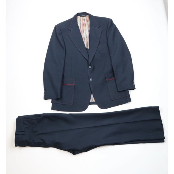 Vintage 70s Streetwear Mens 44R Knit Piece Suit Wedding Navy